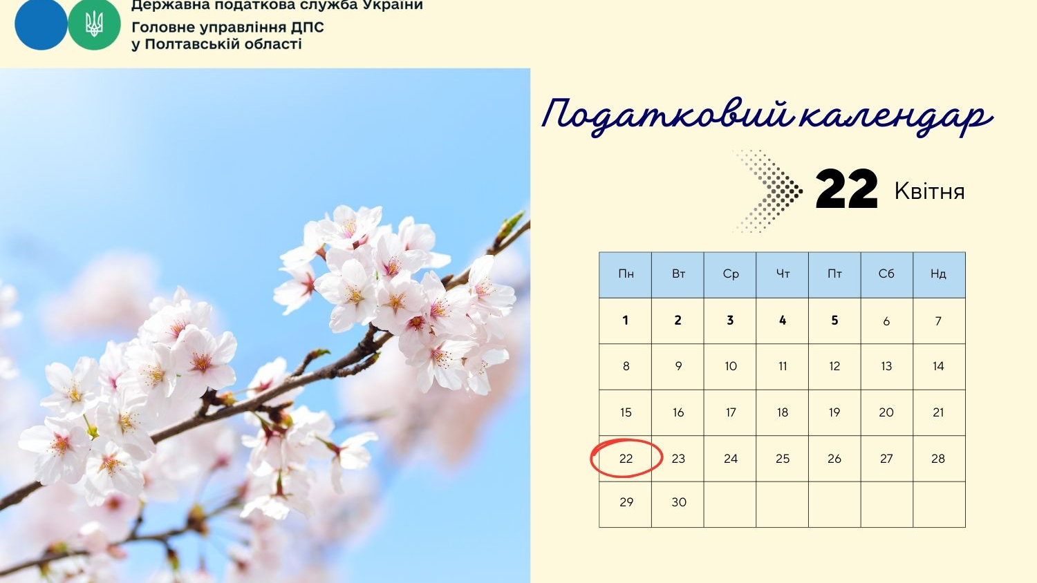 Податковий календар 22 квітня 2024 року!